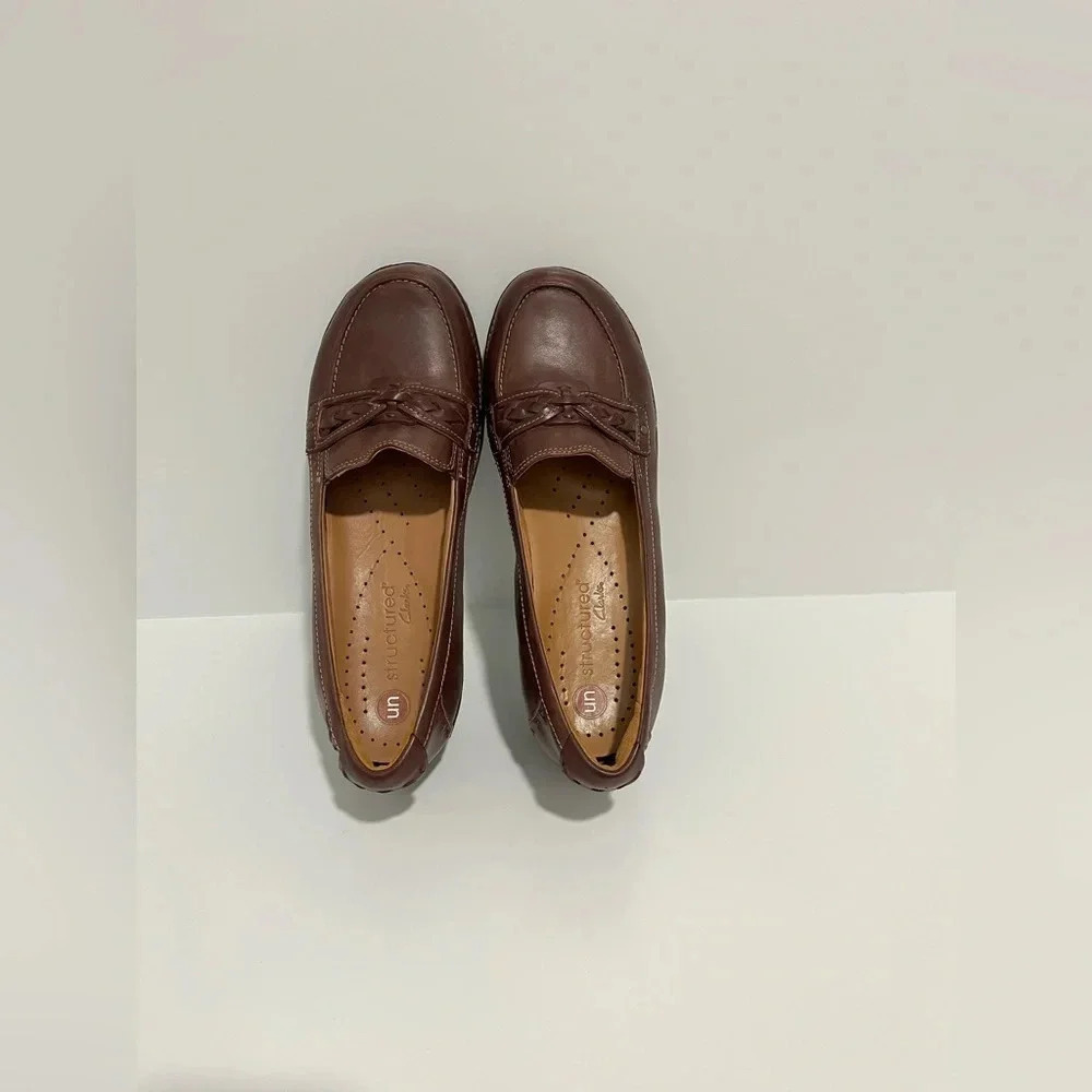 Clarks Unstructured Brown Leather Dress Casual Slip On loafers Heels Women's 9.5 - Picture 7 of 12